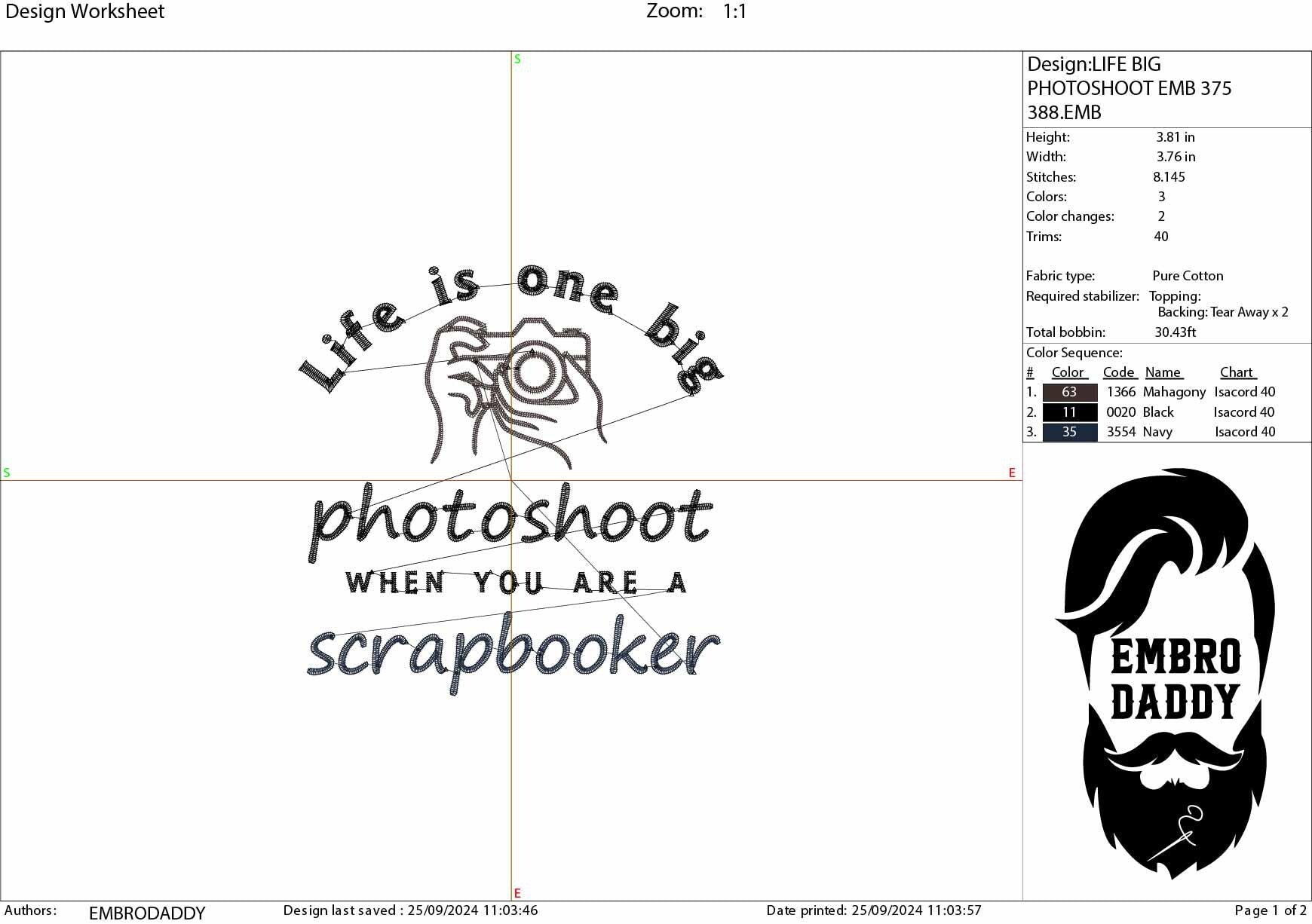 Machine Embroidery files, life is one big photoshoot when you are a scrapbooker, PES, DST, xxx, hus & more