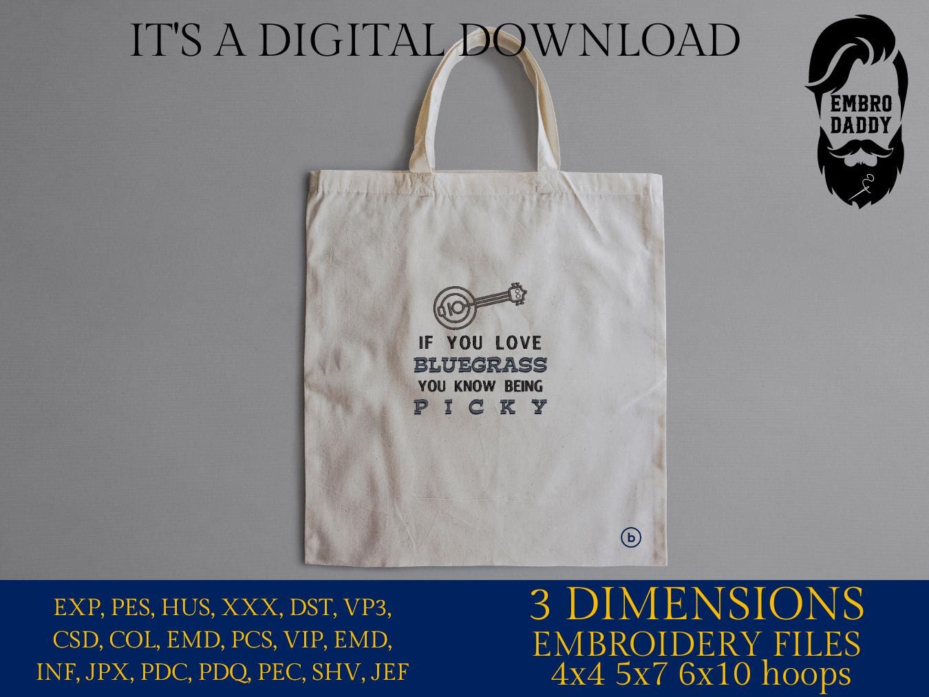 Machine Embroidery files, Banjo, if you love bluegrass you know being picky, PES, xxx, hus & more