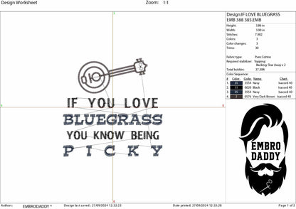Machine Embroidery files, Banjo, if you love bluegrass you know being picky, PES, xxx, hus & more