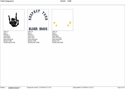 Machine Embroidery files, Respect Your Elder Emos, Elder Emo Unisex, Goth Pop Punk, Elder Emo Birthday, PES, DST, xxx, hus and more