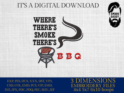 Machine Embroidery files, where there's smoke there's BBQ, grill, DST, PES, xxx, hus, & more