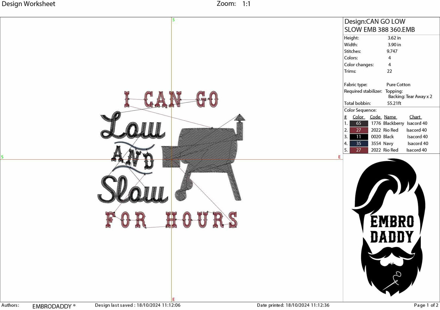 Machine Embroidery files, I Can Go Low and Slow for Hours, Beef Brisket Smoker, PES, dst, hus & more