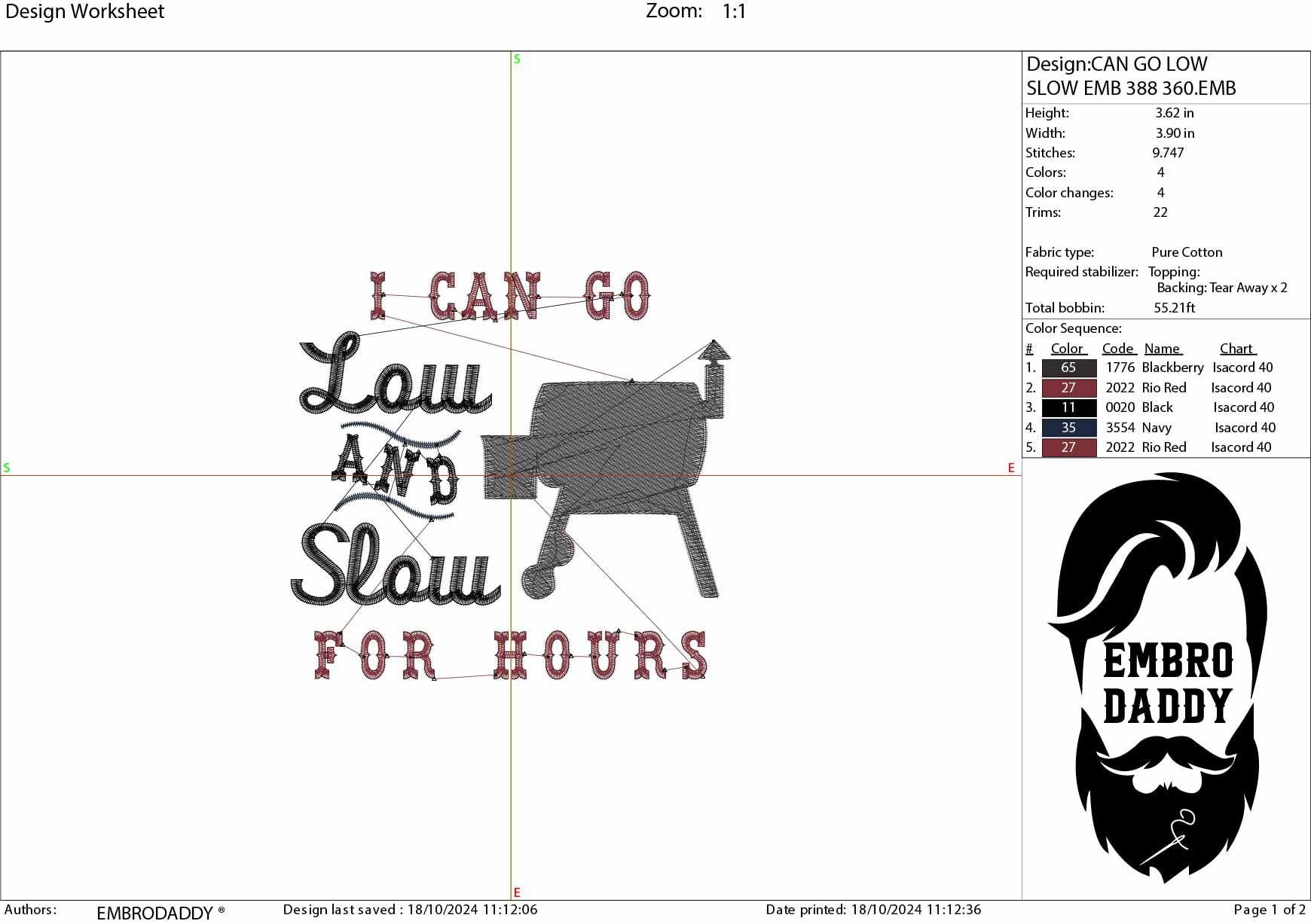 Machine Embroidery files, I Can Go Low and Slow for Hours, Beef Brisket Smoker, PES, dst, hus & more