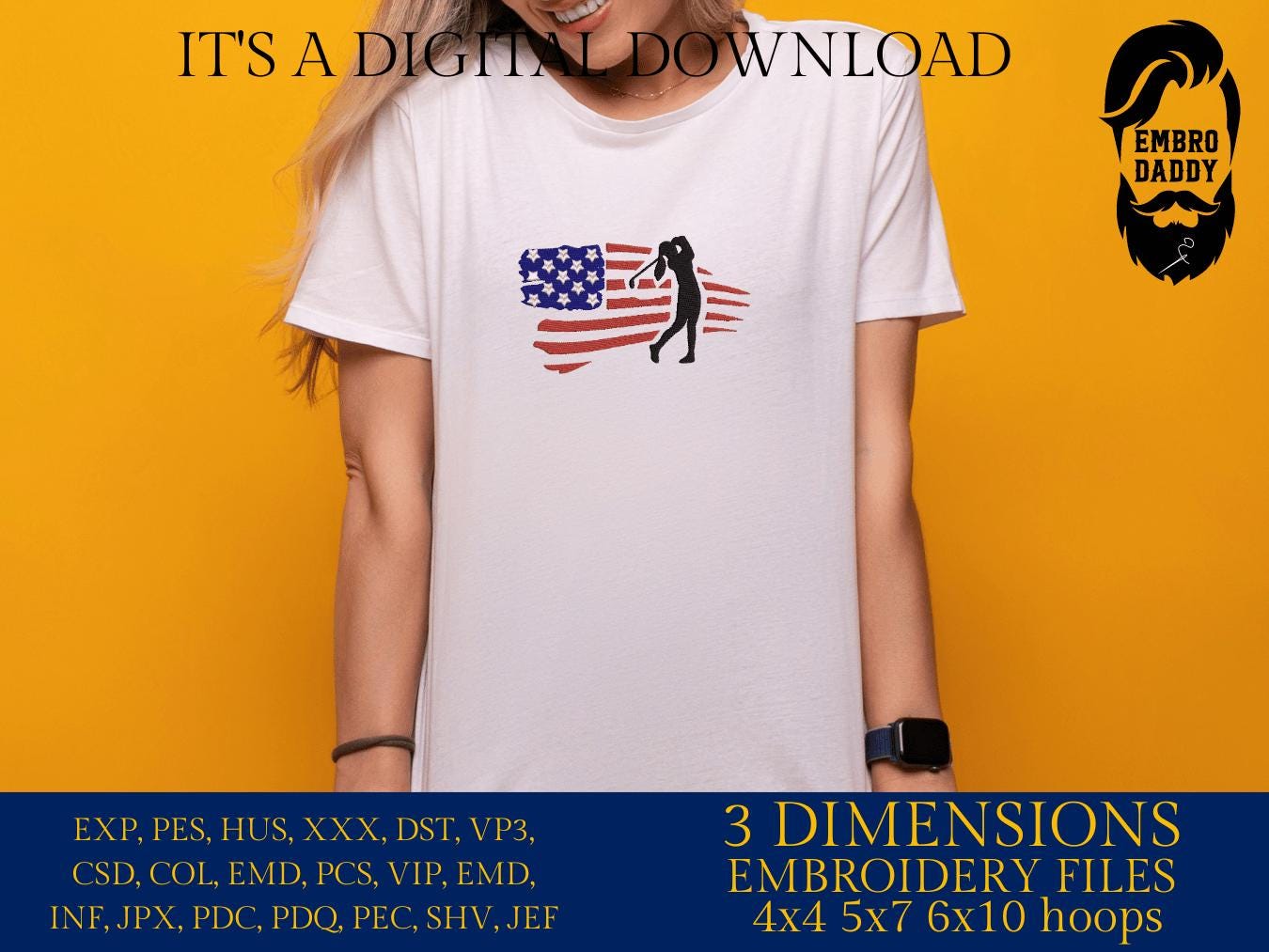 Machine Embroidery files, Golf Usa flag, golfer, woman, girl, PES, DST, hus & more