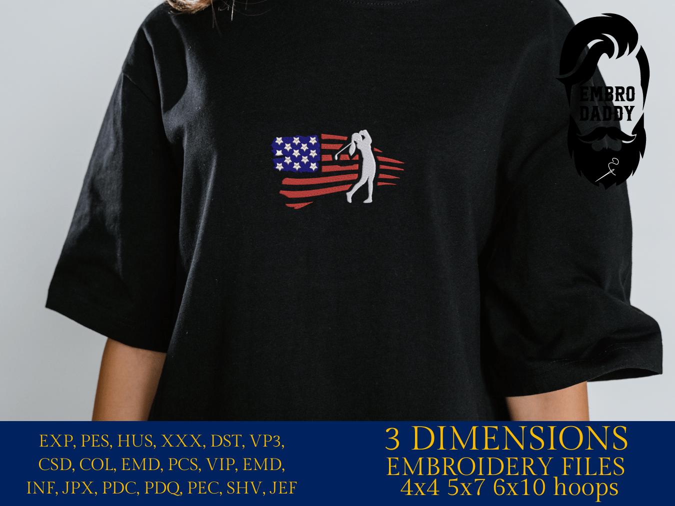 Machine Embroidery files, Golf Usa flag, golfer, woman, girl, PES, DST, hus & more