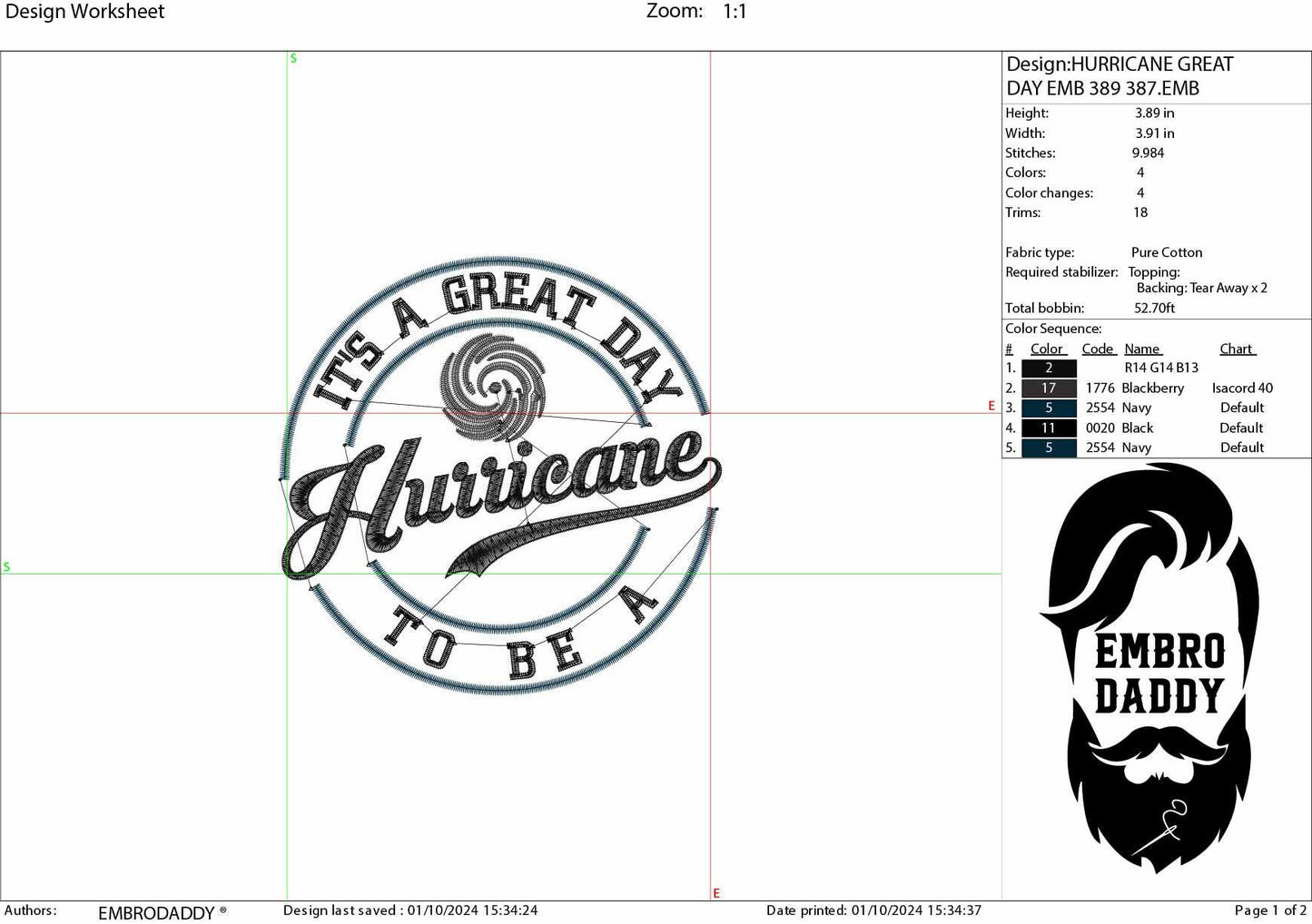 Machine Embroidery files, It's a Great Day To Be A Hurricane, PES, xxx, hus & more, embroidery files