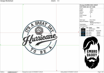 Machine Embroidery files, It's a Great Day To Be A Hurricane, PES, xxx, hus & more, embroidery files