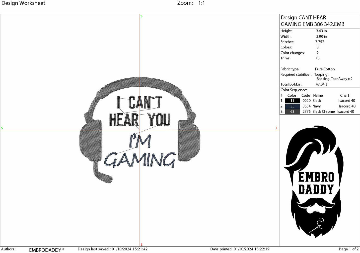 Machine Embroidery files, I can't hear you I'm gaming, dst, PES, xxx, hus & more