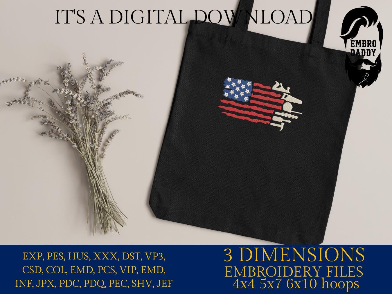 Machine Embroidery files, US Flag Tools, carpenter Tools, Distressed Flag, Repair Tools, PES, DST, hus & more