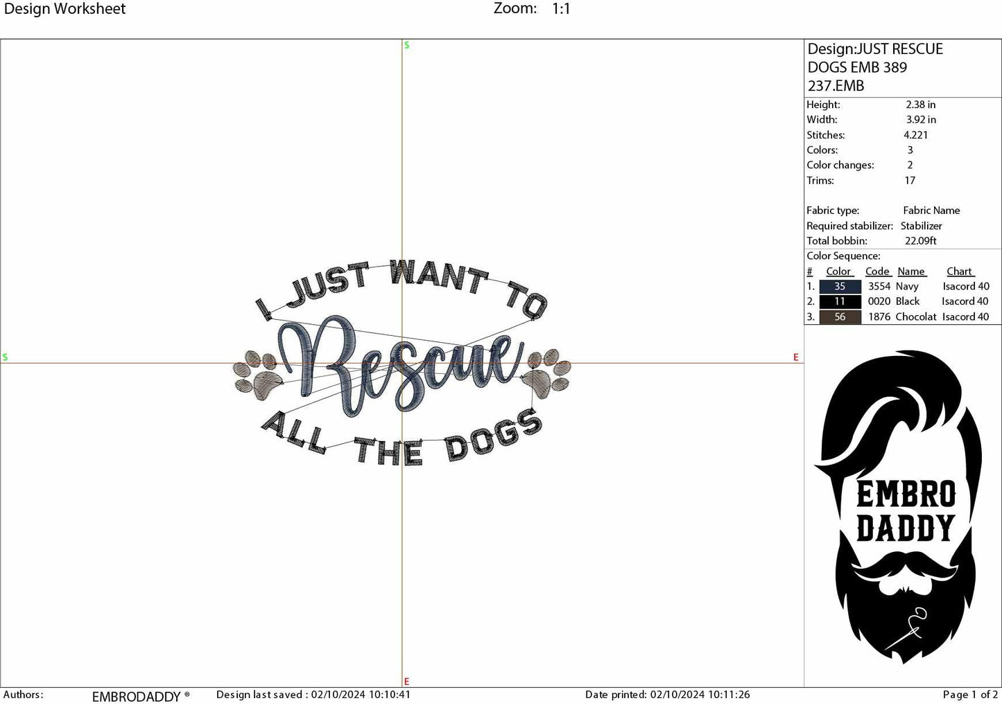 Machine Embroidery files, I just want to rescue all the dogs, PES, hus, dst, vp3 & more