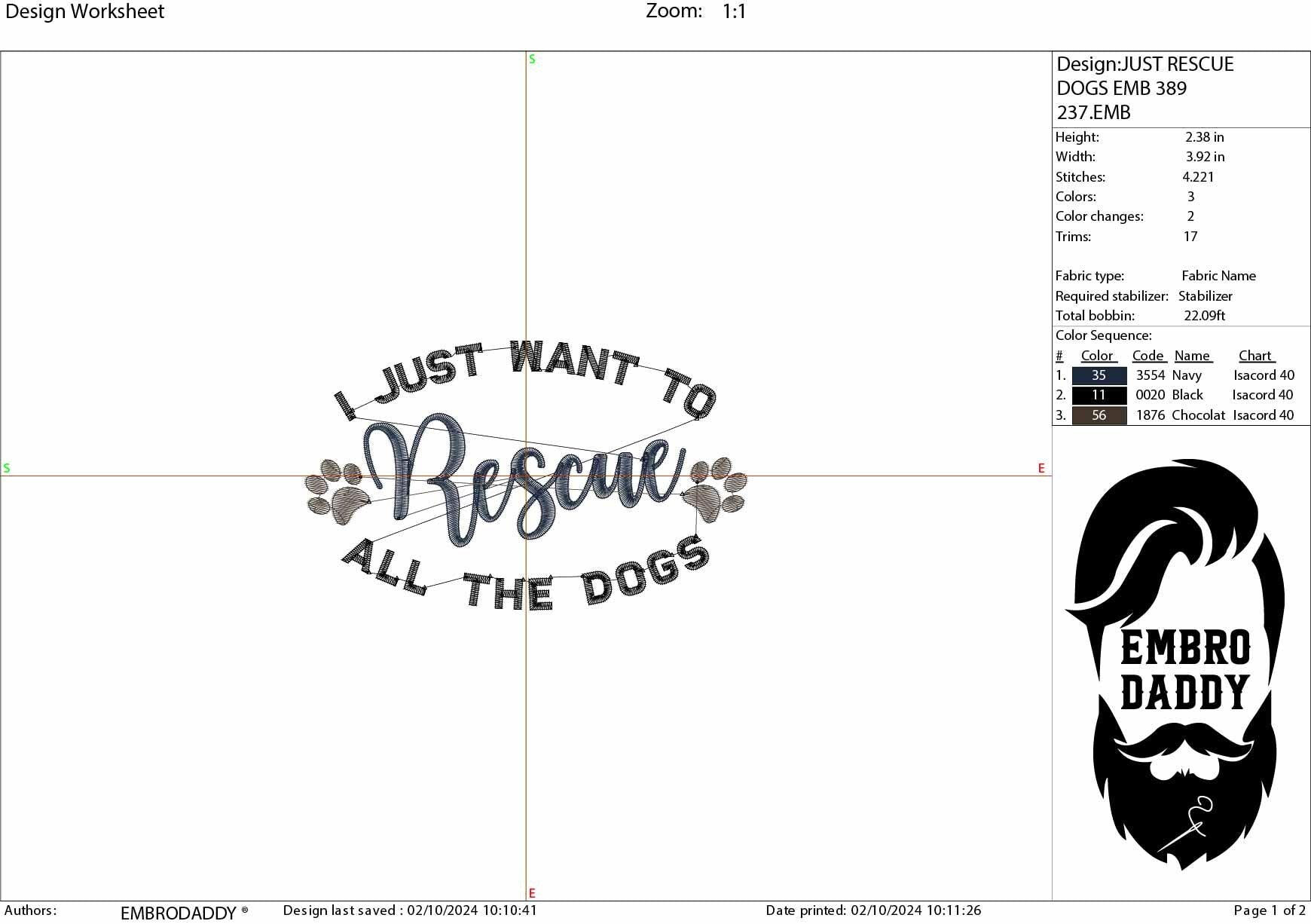 Machine Embroidery files, I just want to rescue all the dogs, PES, hus, dst, vp3 & more