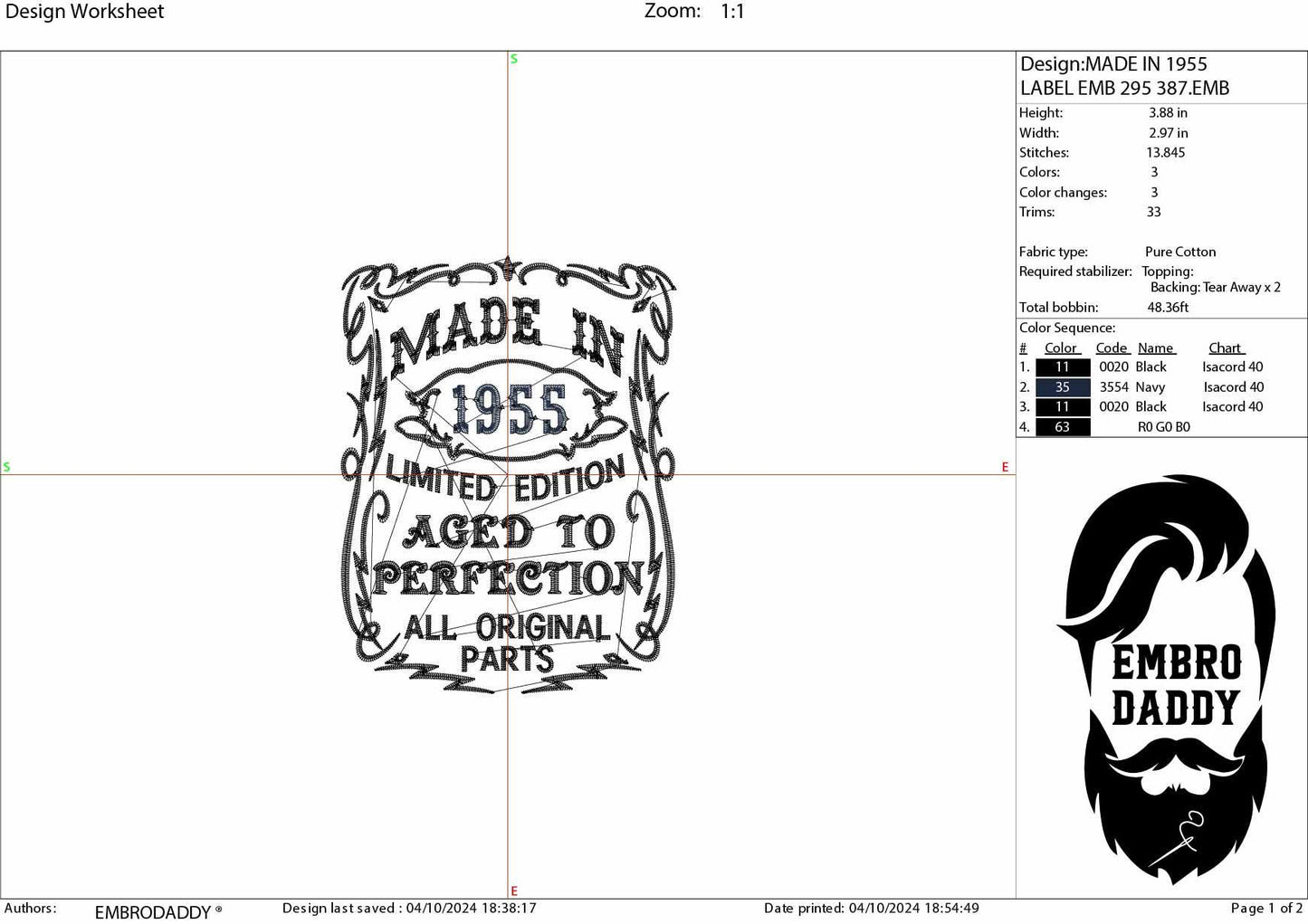 Machine Embroidery files, made in 1955 aged to perfection pes, birthday funny embroidery files, gift idea PES, DST, xxx, hus & more