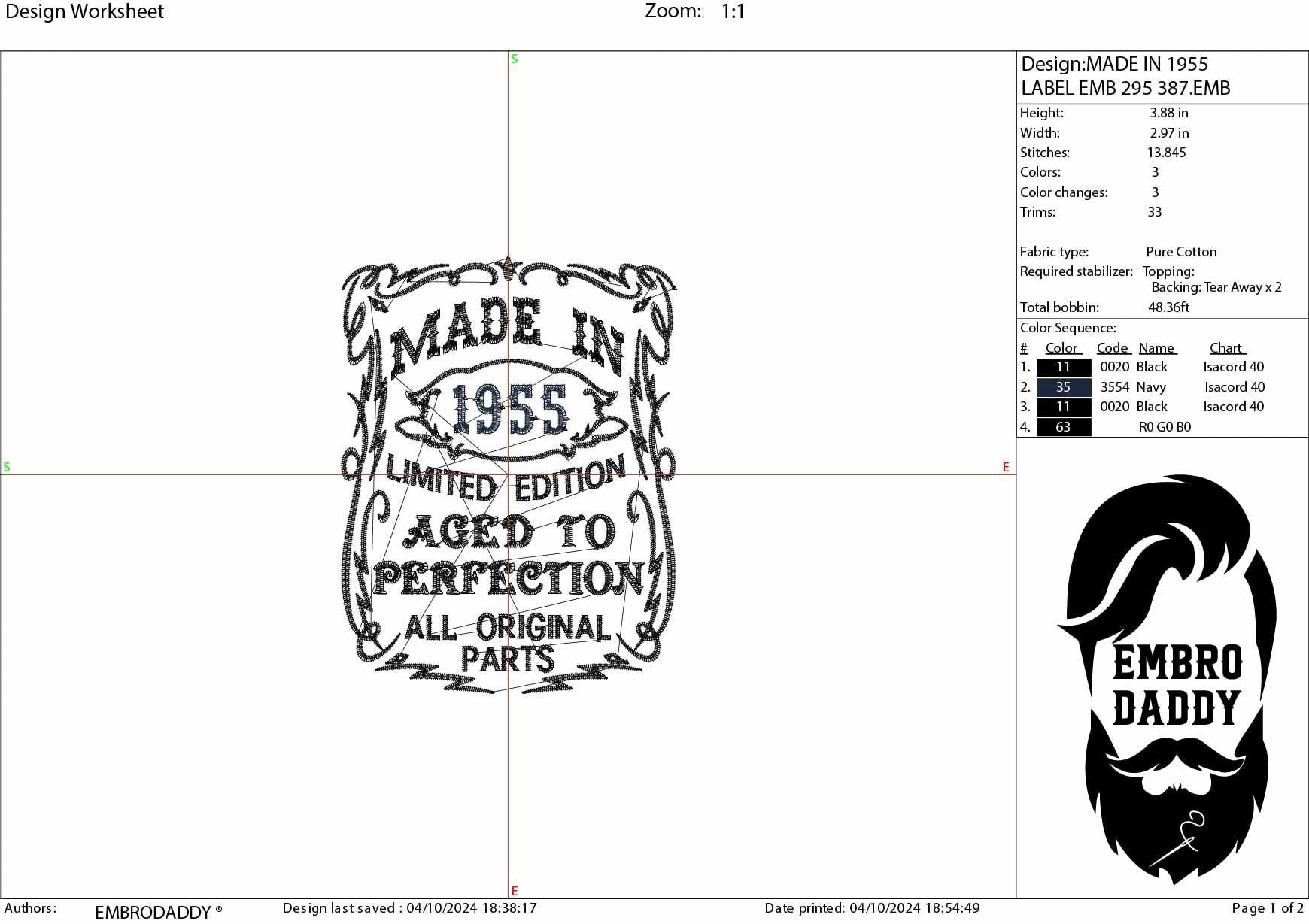 Machine Embroidery files, made in 1955 aged to perfection pes, birthday funny embroidery files, gift idea PES, DST, xxx, hus & more