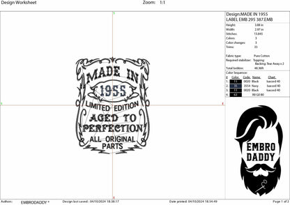 Machine Embroidery files, made in 1955 aged to perfection pes, birthday funny embroidery files, gift idea PES, DST, xxx, hus & more