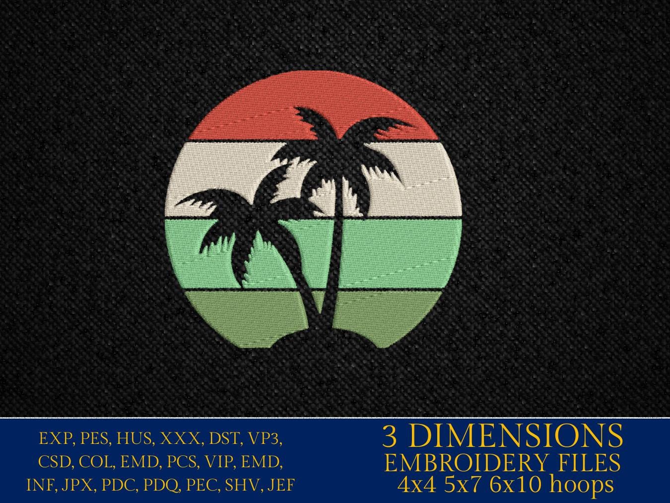 Machine Embroidery files, sunset palm beach, Summer, PES, DST, xxx, hus and more