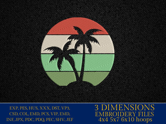 Machine Embroidery files, sunset palm beach, Summer, PES, DST, xxx, hus and more
