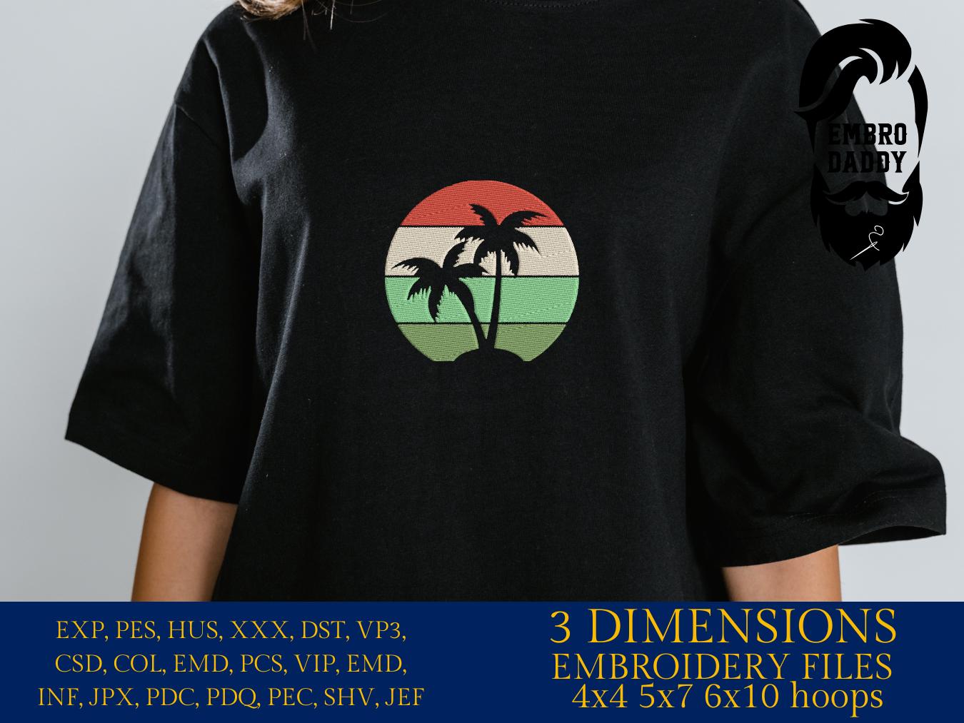 Machine Embroidery files, sunset palm beach, Summer, PES, DST, xxx, hus and more