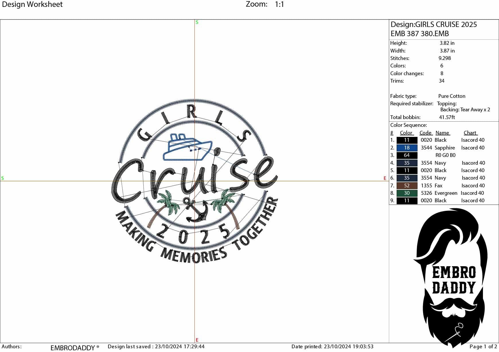 Machine Embroidery files, Girls Cruise 2025, memories together, PES, xxx, hus & more, embroidery files