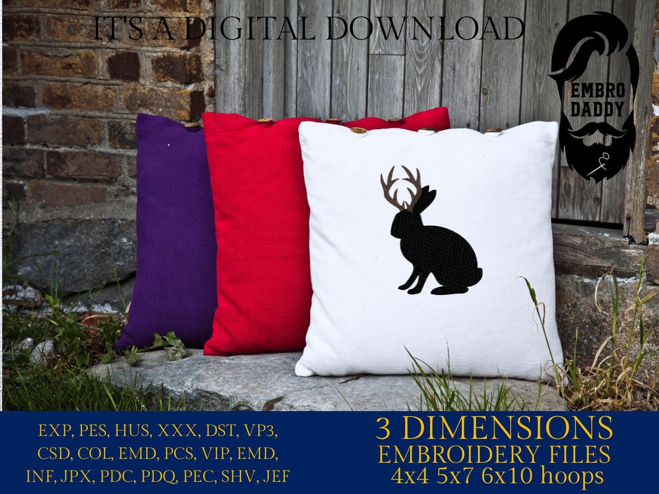 Machine Embroidery files, Jackalope File, Funny, Rabbit Design, Bunny, PES, xxx, hus & more