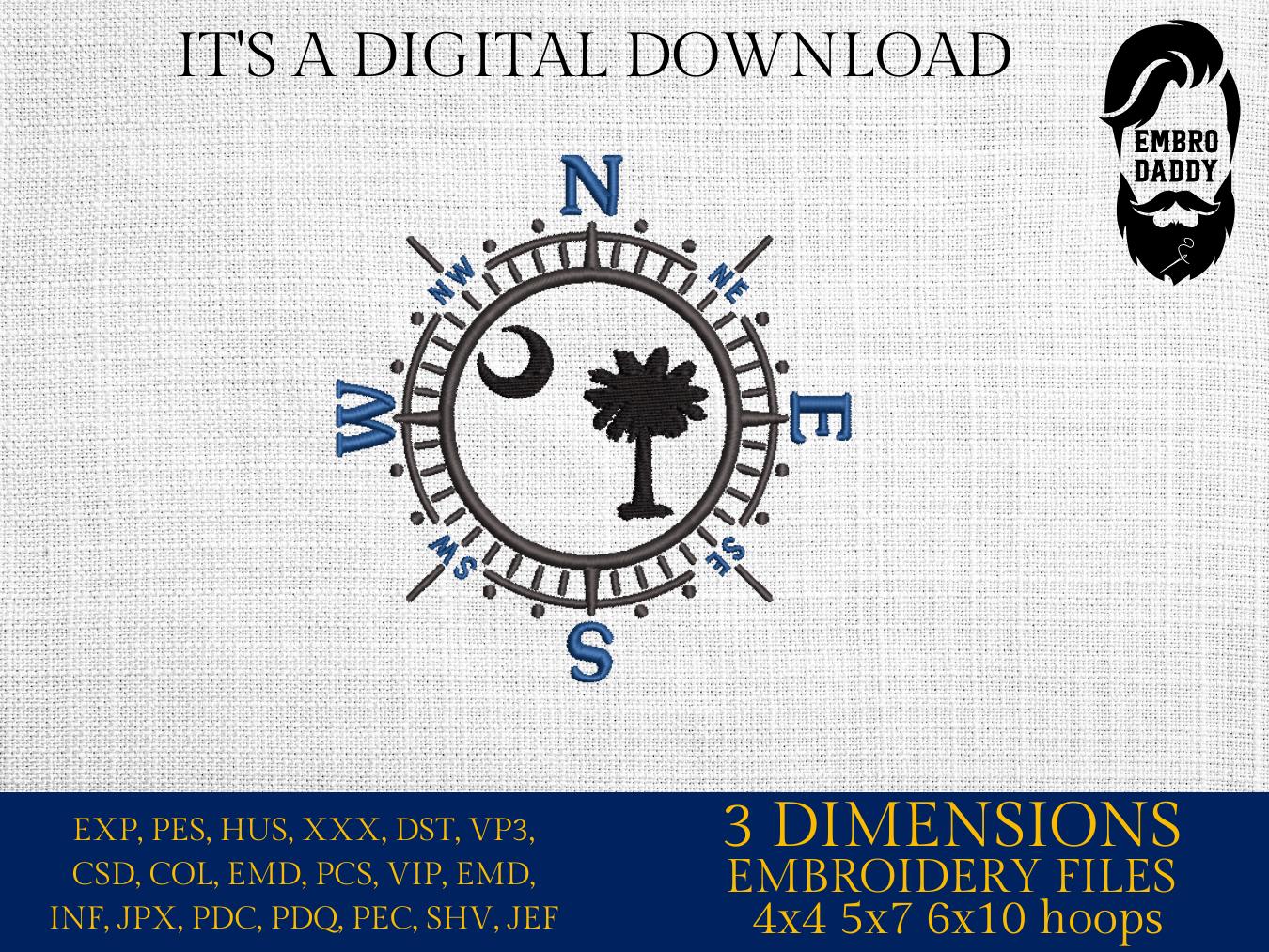 Machine Embroidery files, South Carolina, Carolina Clipart, Carolina Vector, Palm Tree and Moon, Compass, PES, xxx, hus & more