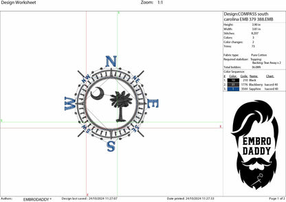 Machine Embroidery files, South Carolina, Carolina Clipart, Carolina Vector, Palm Tree and Moon, Compass, PES, xxx, hus & more