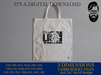 Machine Embroidery files, it's a lion thing, football gift idea PES, dst, xxx, hus & more