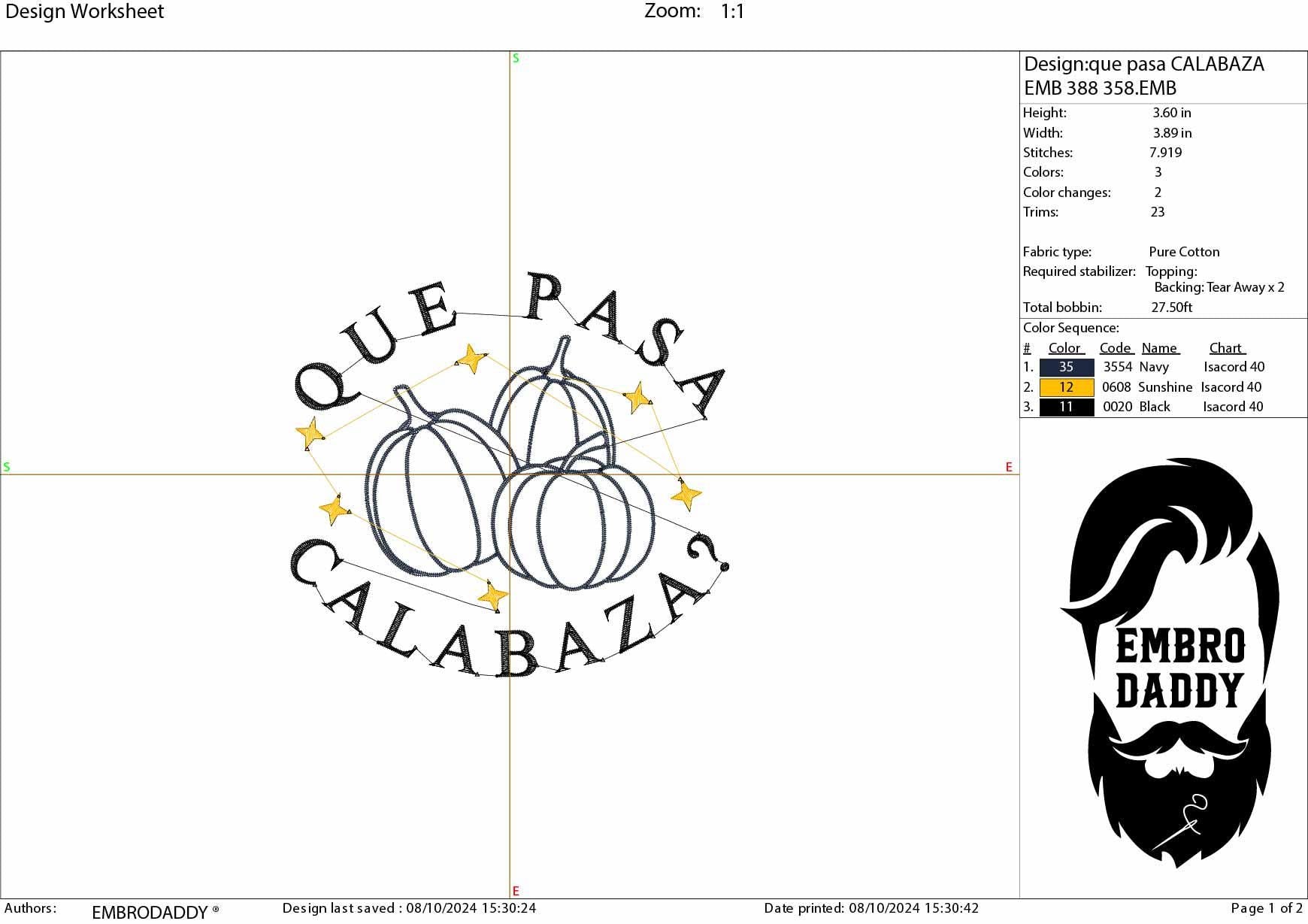 Machine Embroidery files, Que pasa Calabaza, Cute pumpkins, Halloween, Spanish Design, Spanglish, PES, DST, xxx, hus & more