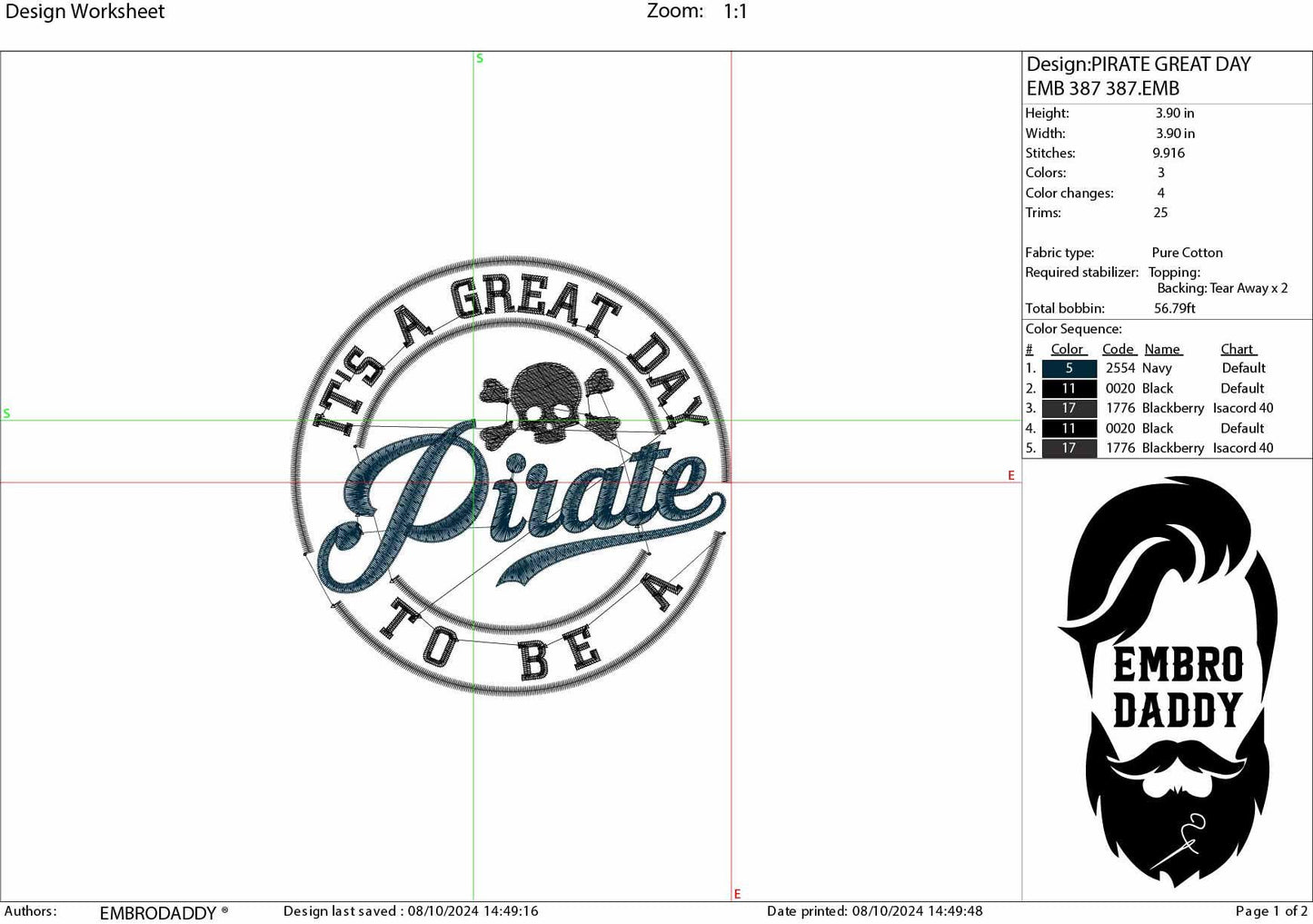 Machine Embroidery files, It's a Great Day To Be A Pirate, PES, xxx, hus & more, embroidery files