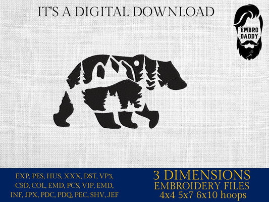 Machine Embroidery files, Bear mountains landscape, PES, dst, xxx, hus & more