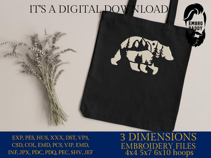 Machine Embroidery files, Bear mountains landscape, PES, dst, xxx, hus & more