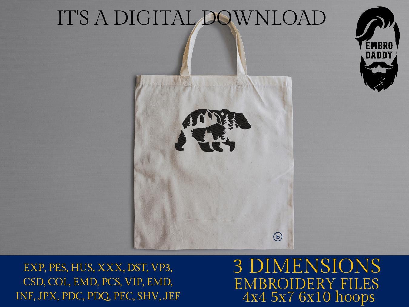 Machine Embroidery files, Bear mountains landscape, PES, dst, xxx, hus & more