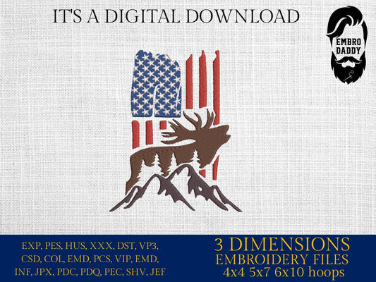 Machine Embroidery files, Usa flag BUCK DEER embroidery files, hunter Gift Idea, nature Design landscape, PES, dst, xxx, hus & more