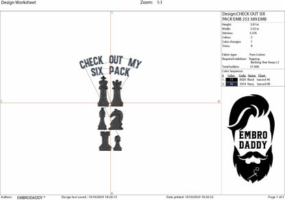 Machine Embroidery files, Check out my six pack, Chess, funny, PES, xxx, hus & more, fan embroidery files