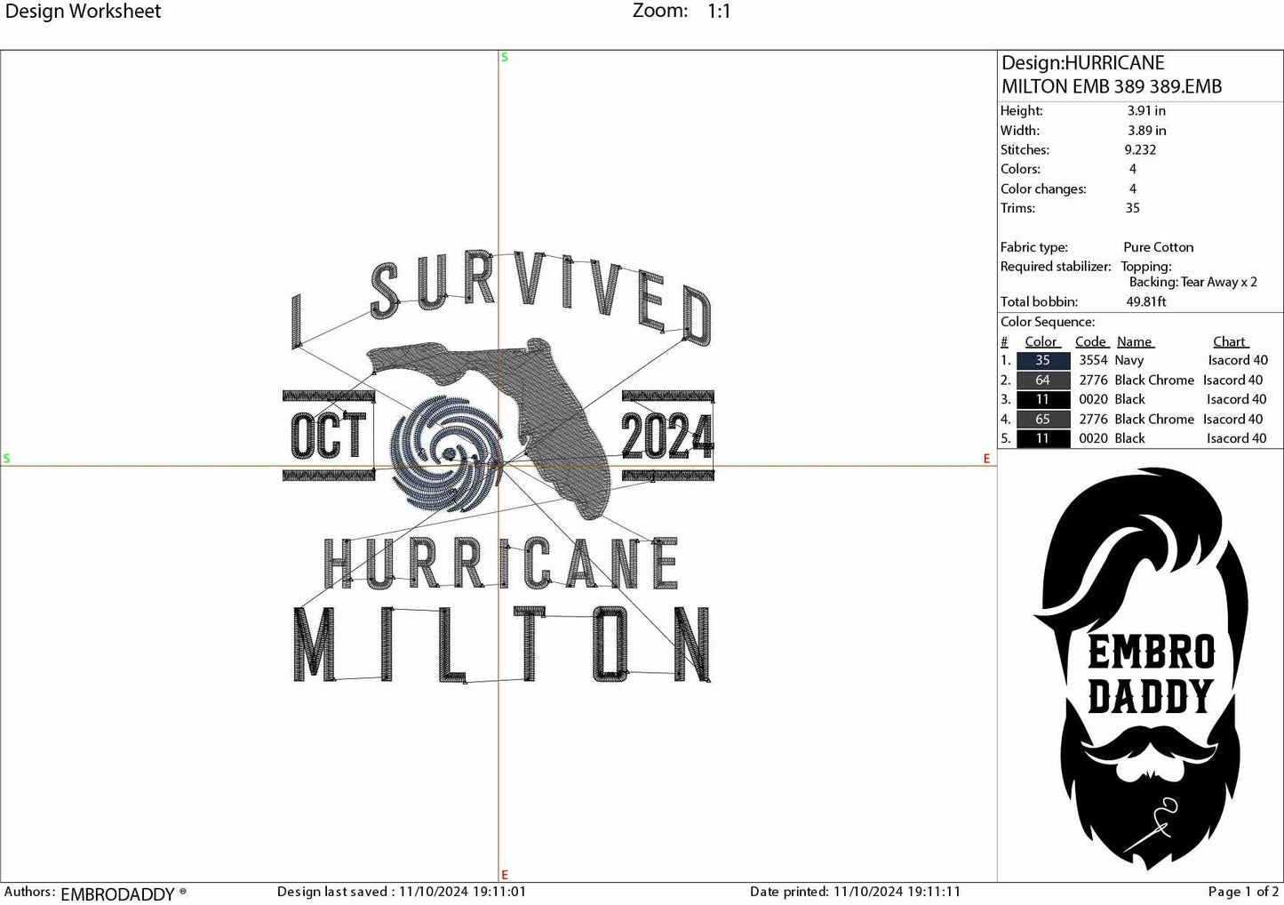 Machine Embroidery files, I survived hurricane Milton, Florida, dst, PES, xxx, hus & more