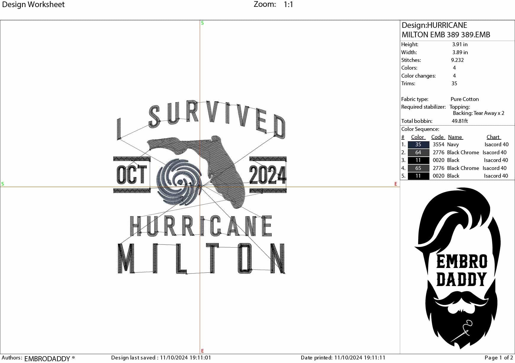 Machine Embroidery files, I survived hurricane Milton, Florida, dst, PES, xxx, hus & more