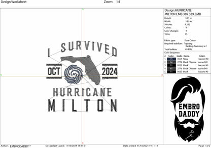 Machine Embroidery files, I survived hurricane Milton, Florida, dst, PES, xxx, hus & more
