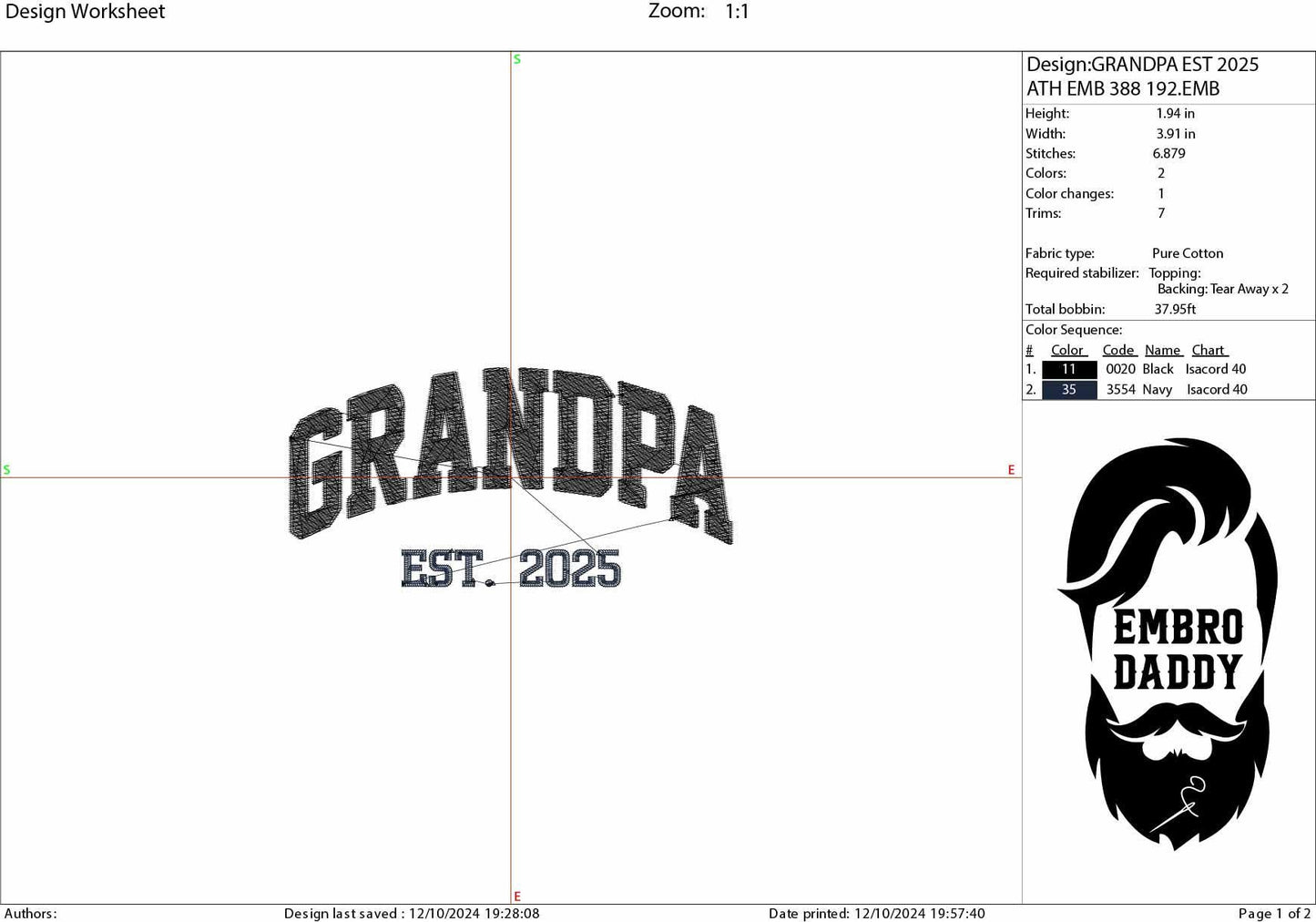 Machine embroidery files, Grandpa EST 2025, PES, DST, hus & more