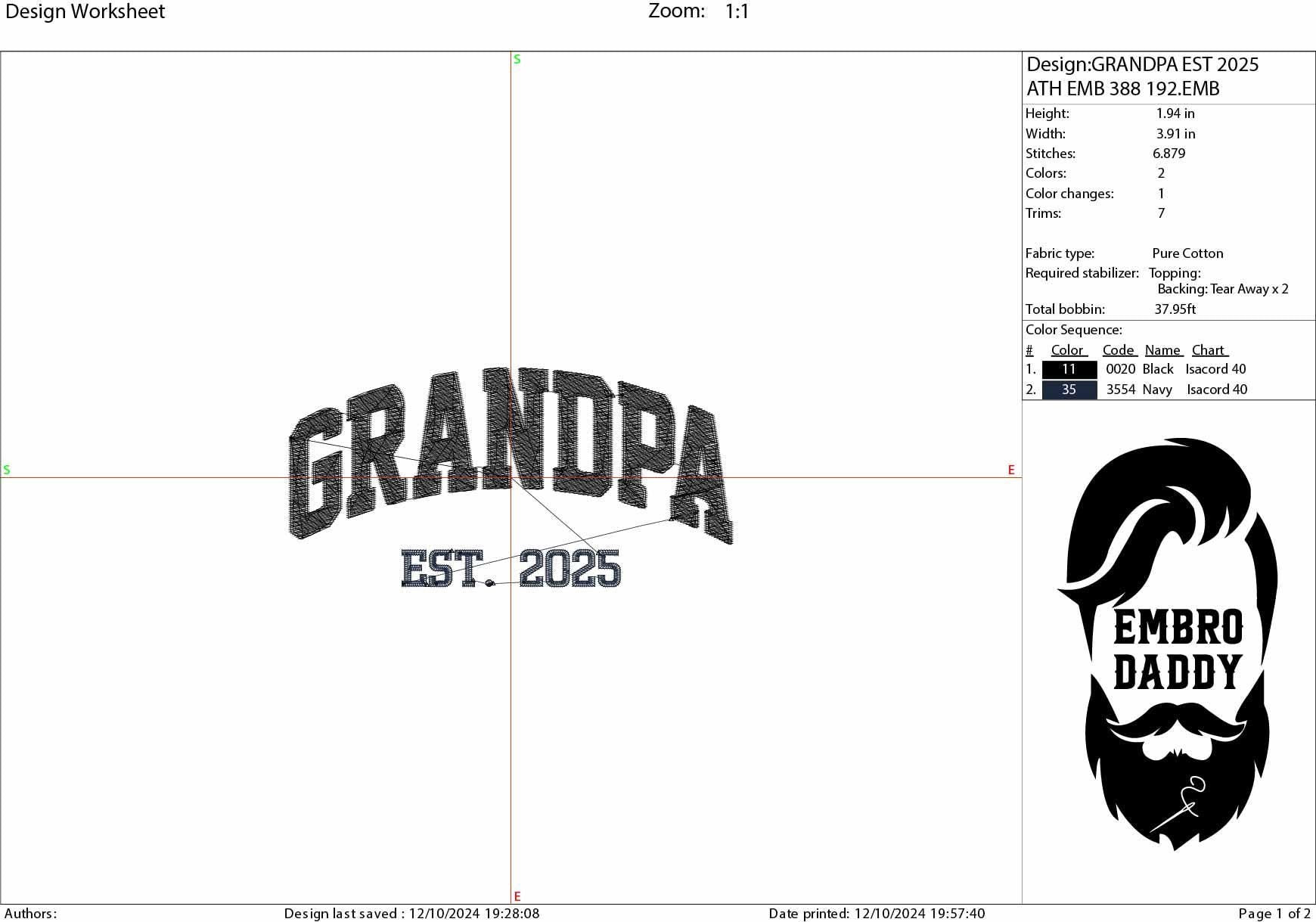 Machine embroidery files, Grandpa EST 2025, PES, DST, hus & more