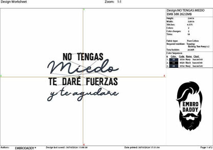 Machine Embroidery files, No tengas miedo te daré furzas y te agudare, Frases religiosas Español, Frases biblicas, PES, dst, & more