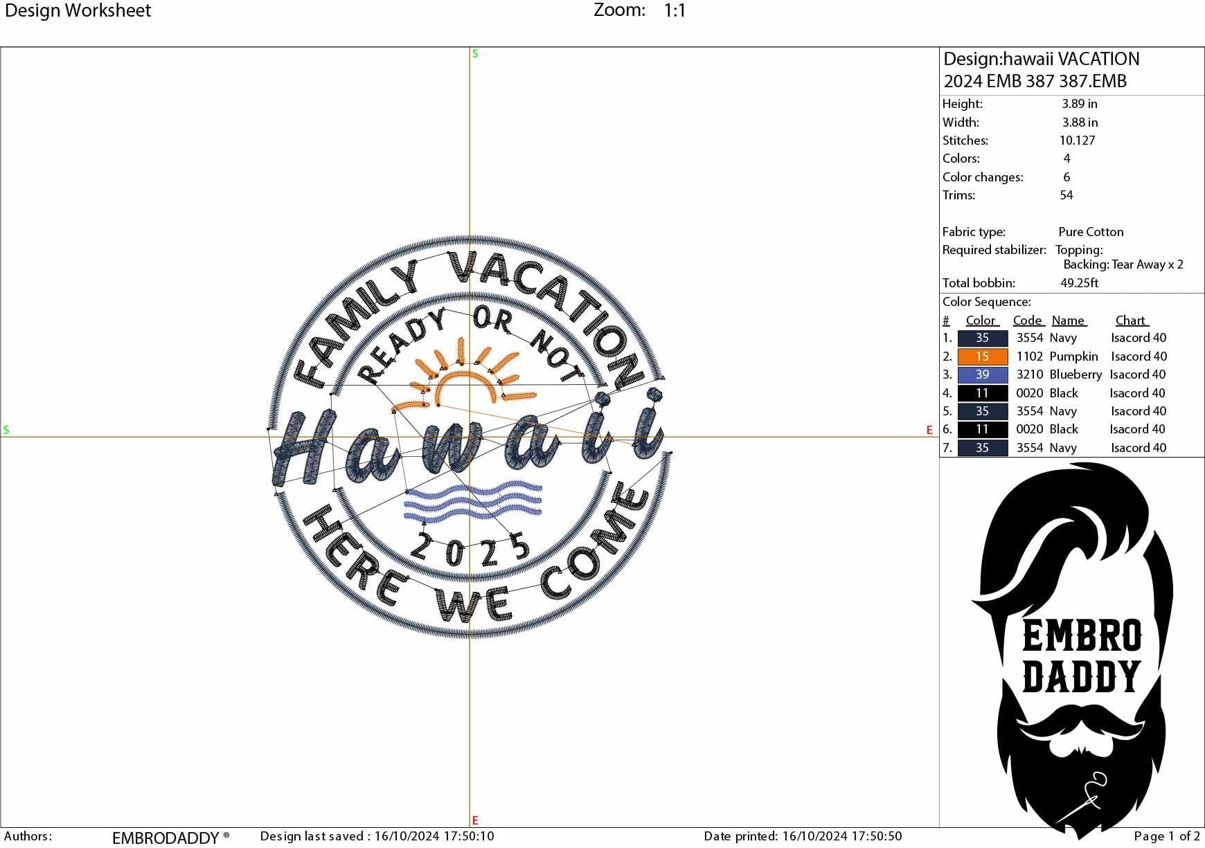 Machine Embroidery files, Hawaii Family Vacation 2025, PES, xxx, hus & more, embroidery files