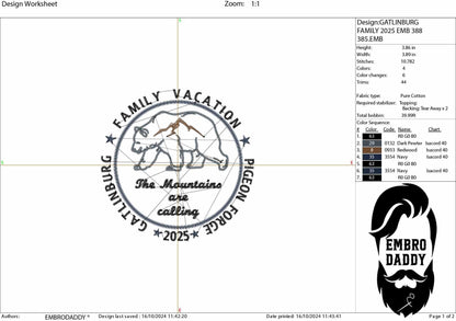 Machine Embroidery files, Gatlinburg Pigeon Forge Family Vacation, The Mountains Are Calling, 2025, PES, xxx, hus & more