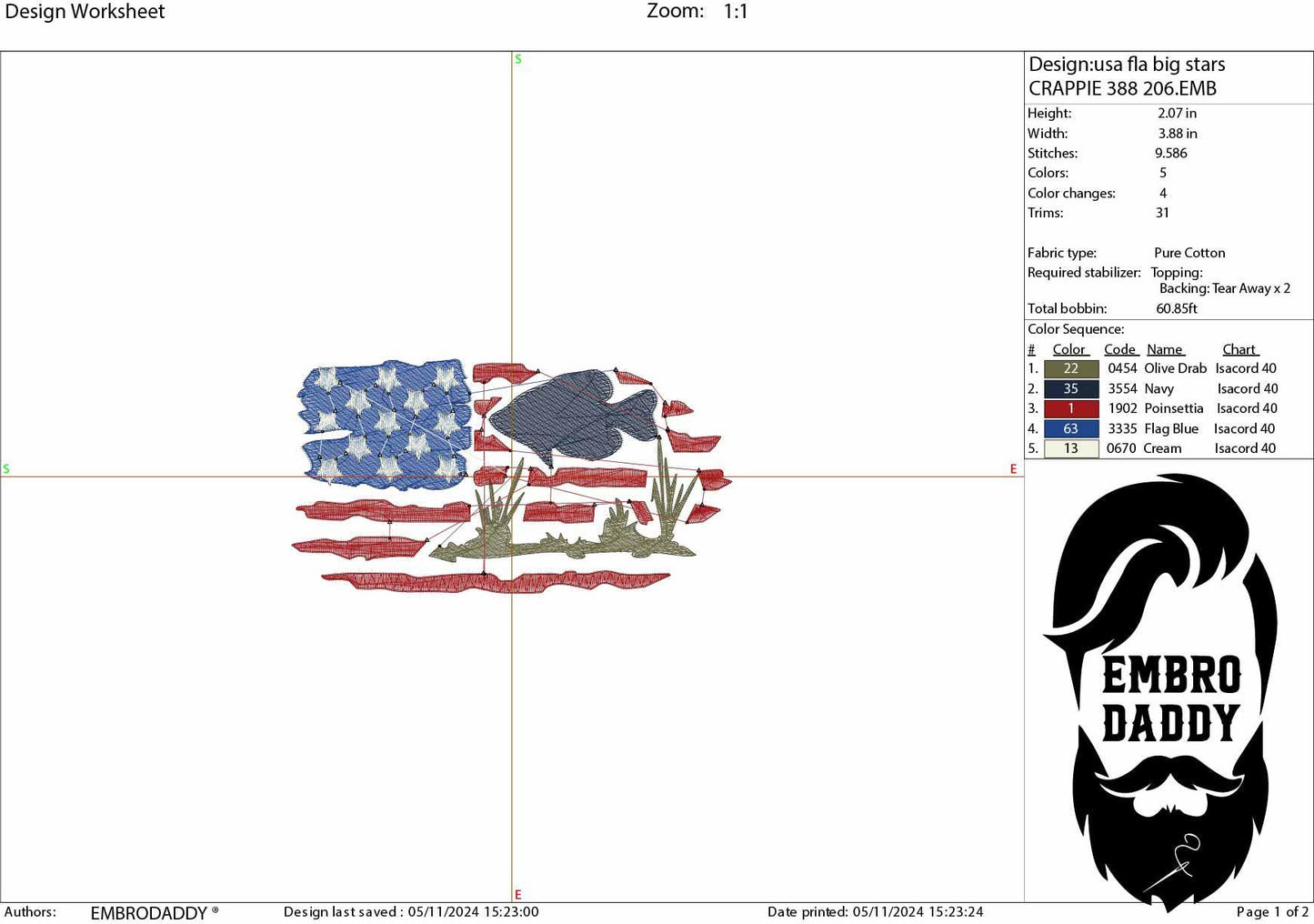 Machine Embroidery files, Crappie fish USA flag, American Flag, PES, DST, xxx, hus & more