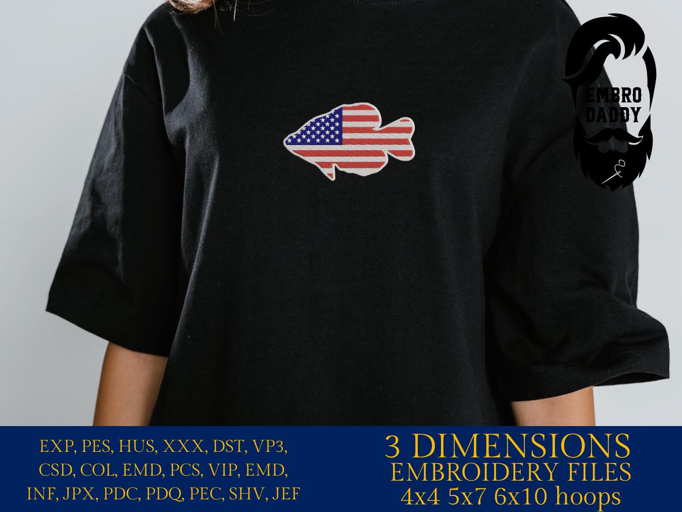 Machine Embroidery files, Crappie fish USA flag, American Flag, PES, DST, xxx, hus & more