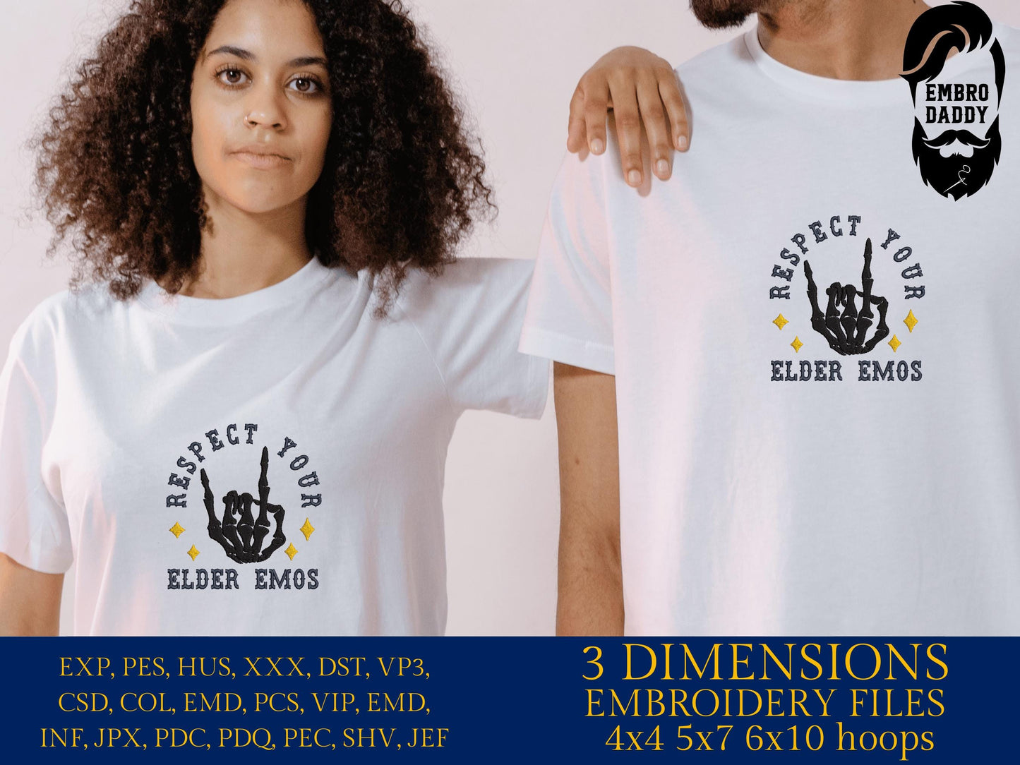 Machine Embroidery files, Respect Your Elder Emos, Elder Emo Unisex, Goth Pop Punk, Elder Emo Birthday, PES, DST, xxx, hus and more