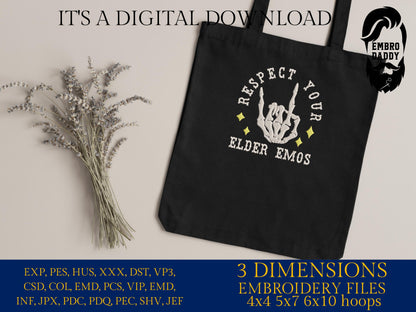 Machine Embroidery files, Respect Your Elder Emos, Elder Emo Unisex, Goth Pop Punk, Elder Emo Birthday, PES, DST, xxx, hus and more