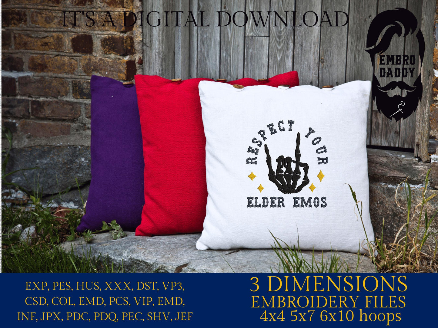 Machine Embroidery files, Respect Your Elder Emos, Elder Emo Unisex, Goth Pop Punk, Elder Emo Birthday, PES, DST, xxx, hus and more