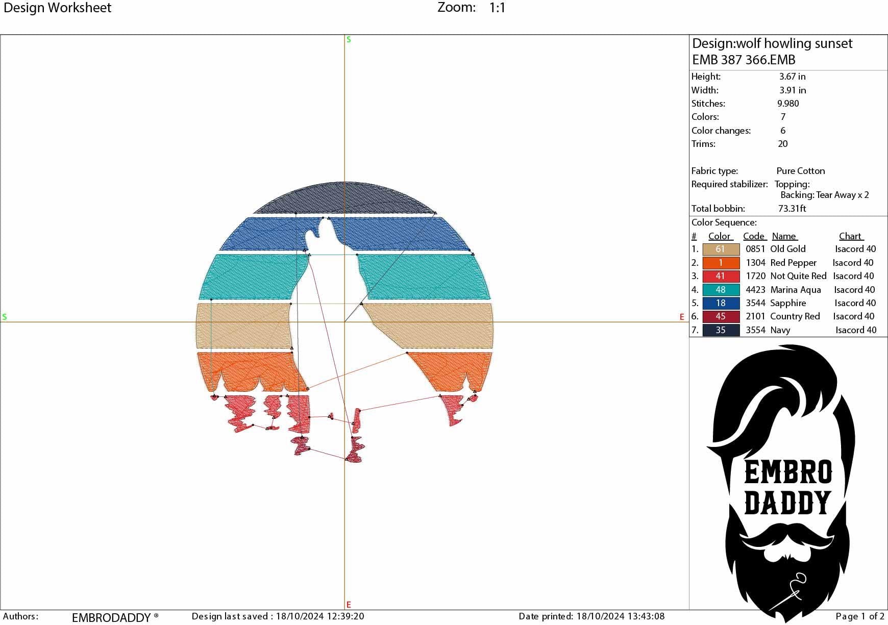 Machine Embroidery, Wolf howling sunset, PES, xxx, hus & more