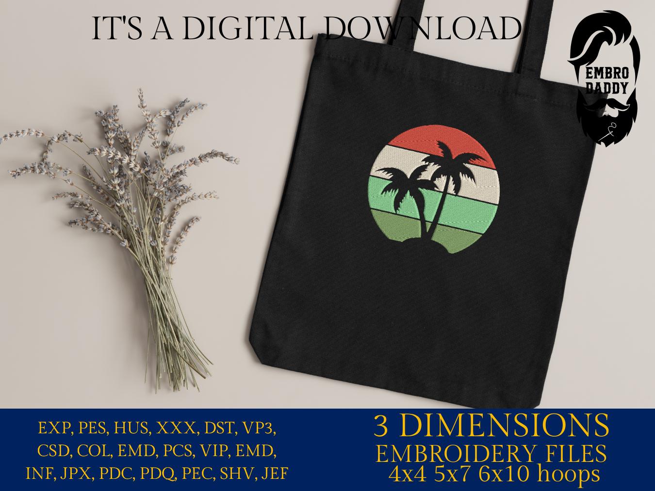 Machine Embroidery files, sunset palm beach, Summer, PES, DST, xxx, hus and more