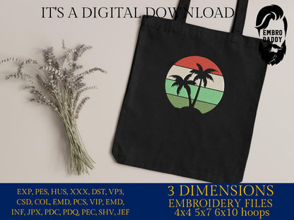 Machine Embroidery files, sunset palm beach, Summer, PES, DST, xxx, hus and more