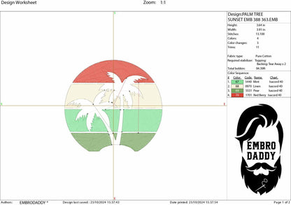 Machine Embroidery files, sunset palm beach, Summer, PES, DST, xxx, hus and more